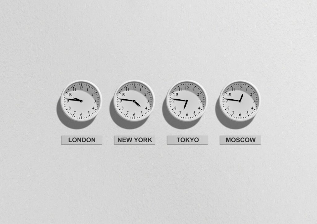 Four wall clocks showing different time zones for London, New York, Tokyo, and Moscow.